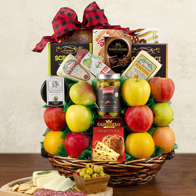 Italian fruit and gourmet gift basket with fresh fruit, cheeses, salami, crackers, olives, biscotti and panettone