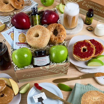 Continental breakfast gift basket with bagels, fruit, spreads and cold brew coffee