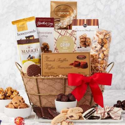 Chocolate gift basket with truffles, chocolate bars, cookies, biscotti, caramel corn and Lindt chocolates
