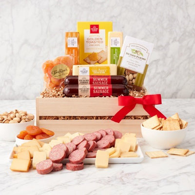 Meat and cheese gift crate with summer sausage, cheeses, crackers, nuts and dried fruit