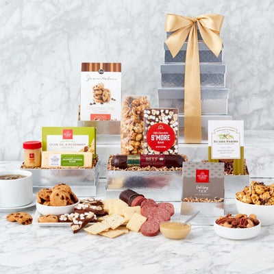 Shimmering Surprise: Gourmet Gift Tower