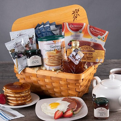 Christmas breakfast gift basket with pancake mix, maple syrup, blueberries, coffee and country ham
