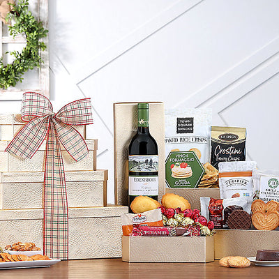 Edenbrook Cabernet wine gift tower with chocolates, cheese and gourmet snacks