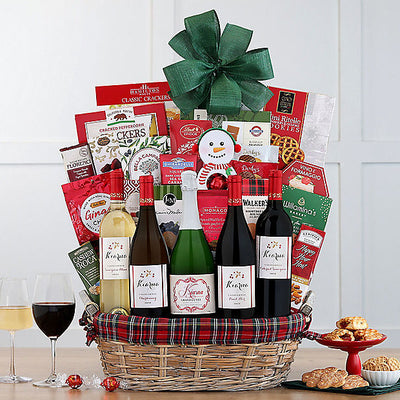 Kiarna five-wine holiday basket with chocolates, smoked Gouda spread, cookies and fudge
