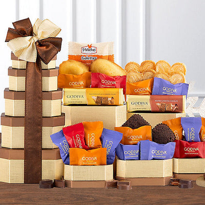 Five-box Godiva chocolate gift tower with brownies, pastries, madeleine cakes and butter cookies