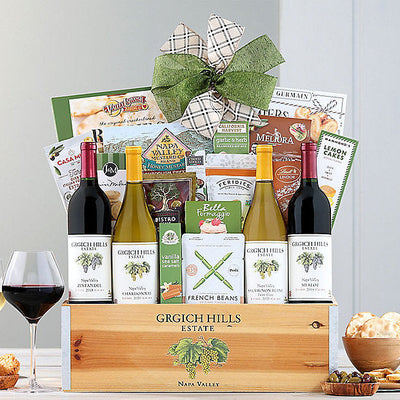 Grgich Hills four-wine gift basket with cheese, chocolates, olives, pretzels and nuts