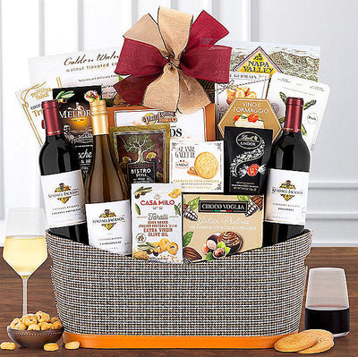 Kendall-Jackson three-wine gift basket with cheese, crackers, chocolates, olives and cookies
