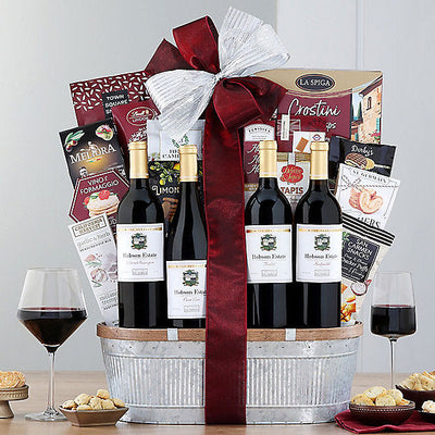 Hobson Estate red wine quartet basket with chocolates, cheese, crackers, olives and savory snacks