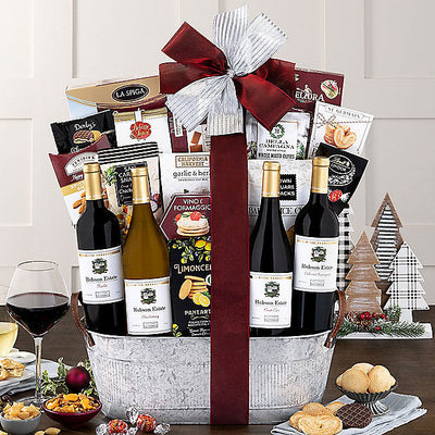 Hobson Estate four-wine gift basket with chocolates, cheese, crackers, cookies, olives and savory snacks