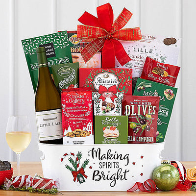 Little Lakes Chardonnay holiday wine basket with chocolates, crackers, cheese spread and cookies