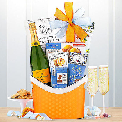 Veuve Clicquot Champagne gift basket with Godiva chocolate, cookies, biscotti, truffles and pralines