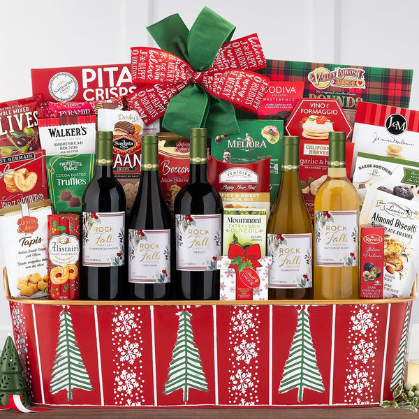 Wine and gourmet gift collection with five wine bottles, Godiva chocolates, Lindt truffles, cheese spread, and crackers