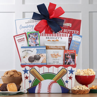 Baseball gift basket with ballpark snacks, sweets and baseball cards